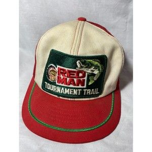 RARE VTG Red Man Tournament Trial Fishing Snapback Trucker Hat Red White Green